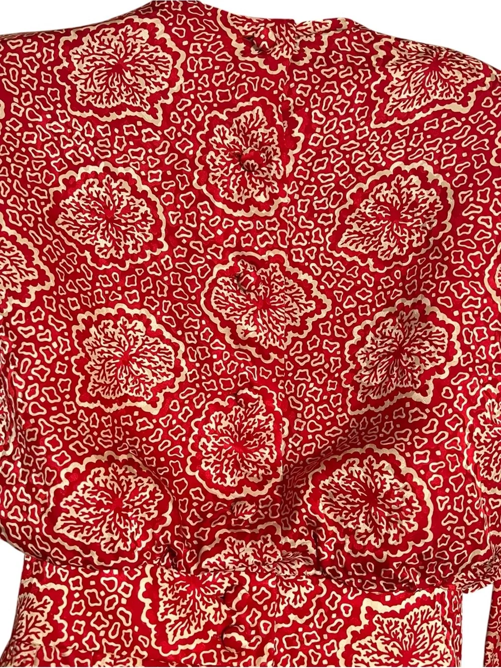 Vintage Raul Blanco Silk Dress Red Cream Print Size 8 Pleated Bodice Long Sleeve